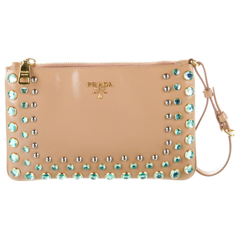 Prada Embellished Saffiano Wristlet- in good condition, light tan, authenticated